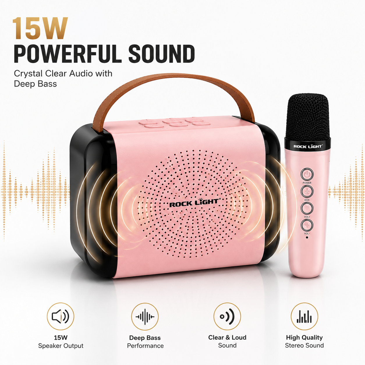15W portable karaoke speaker with wireless microphone, deep bass audio, clear stereo sound, and powerful speaker output illustrated with premium sound wave graphics.