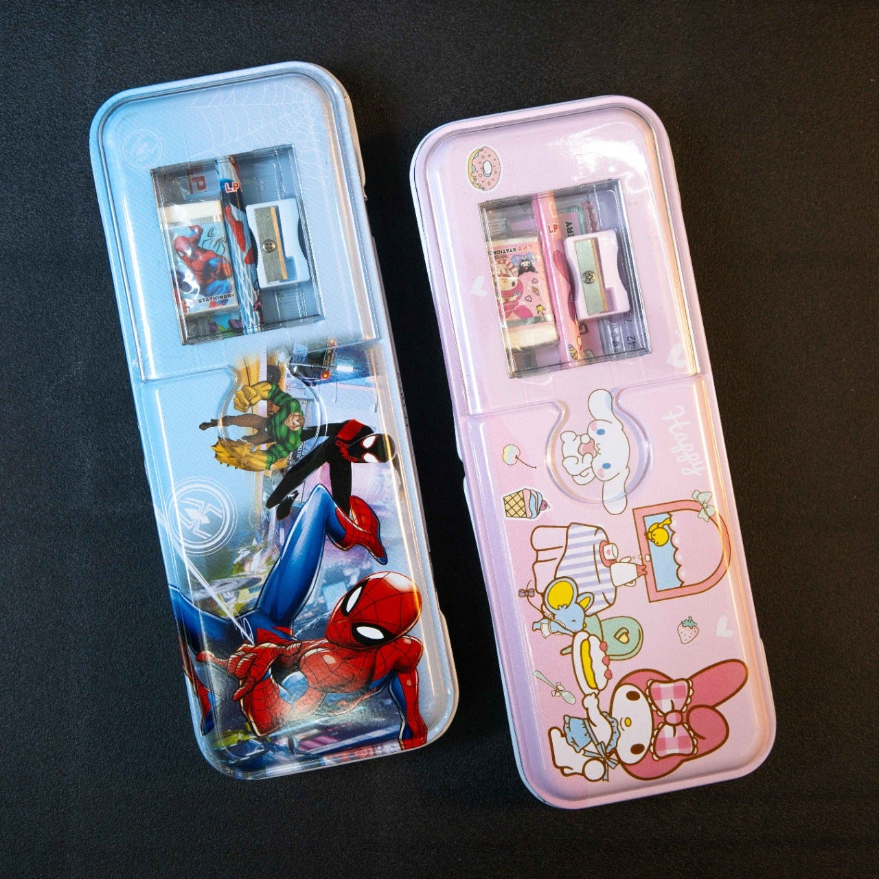Kids school pencil case with cartoon character print and stationery accessories for everyday learning and homework