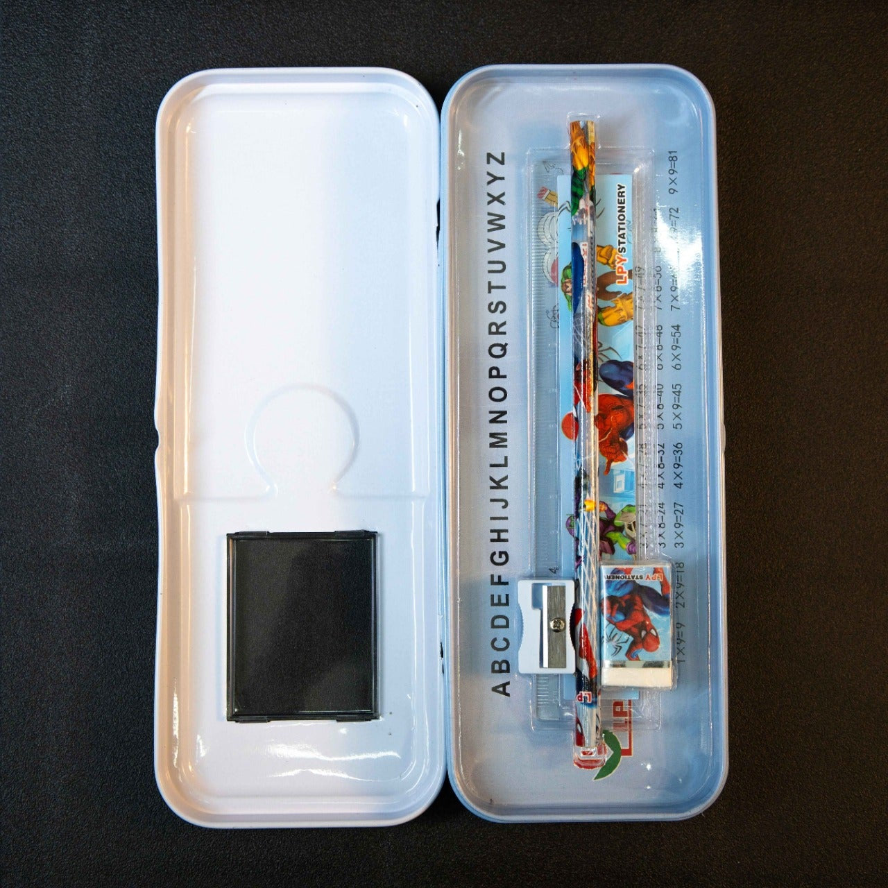Kids Cartoon Pencil Box with Stationery Set open view including pencil sharpener eraser ruler and pencil for school students