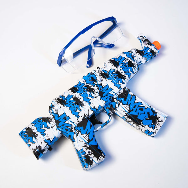 A graffiti-style gel blaster toy gun with safety glasses, featuring a blue, white, and black design, on a clean white background.