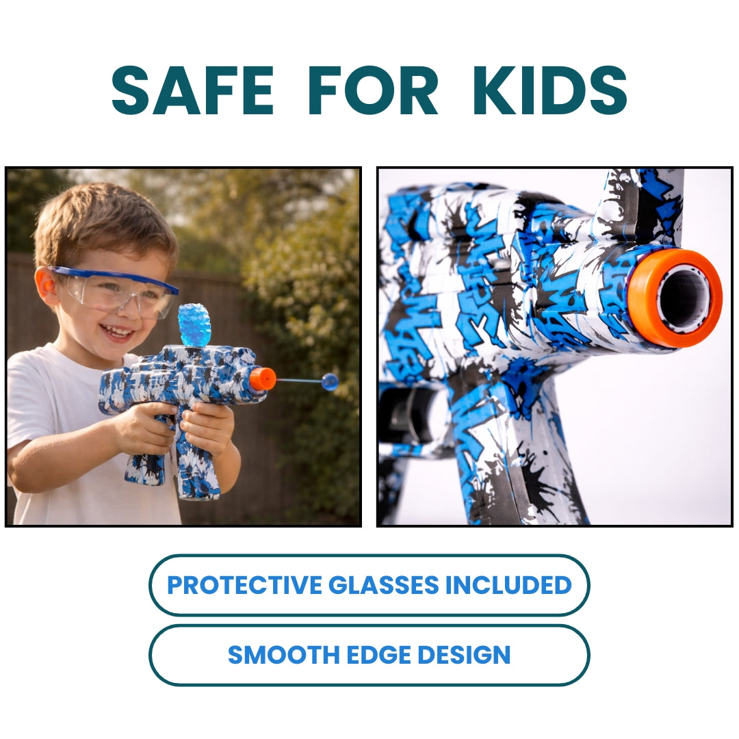 Child playing with the Kids Electric Gel Blaster Gun Kit with Safety Glasses, demonstrating the safe design with protective eyewear, accompanied by 'SAFE FOR KIDS' text.