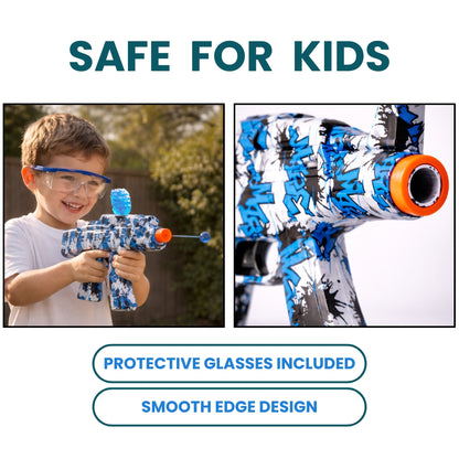 Child playing with the Kids Electric Gel Blaster Gun Kit with Safety Glasses, demonstrating the safe design with protective eyewear, accompanied by 'SAFE FOR KIDS' text.