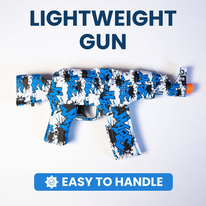 Kids Electric Gel Blaster Gun Kit with Safety Glasses, lightweight and easy to handle, designed for children, with highlighted text 'LIGHTWEIGHT GUN' and 'EASY TO HANDLE.