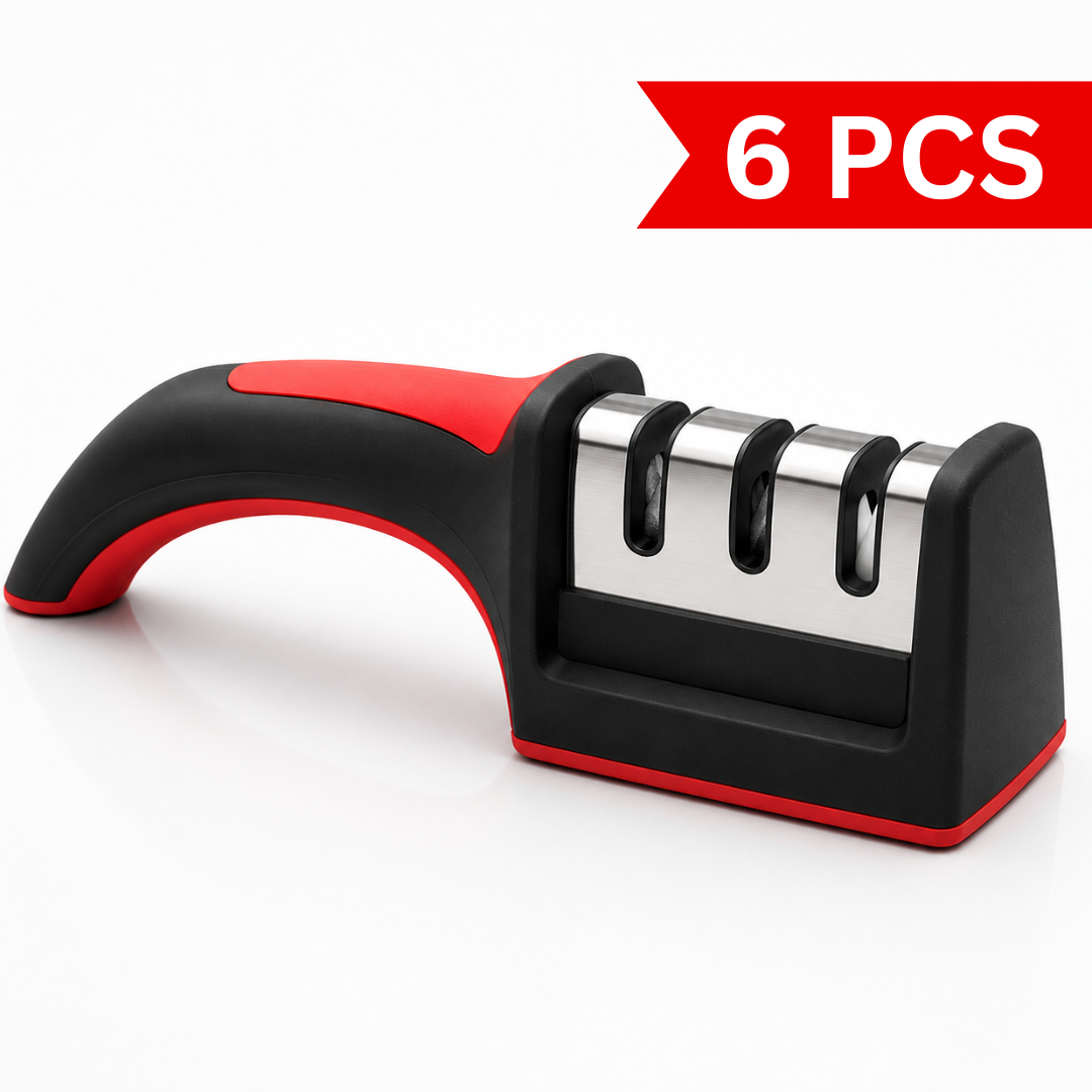 Premium 3-stage manual kitchen knife sharpener with ergonomic non-slip handle, coarse, medium, and fine sharpening slots, black and red design, stainless steel panel, and stable