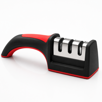 Premium 3-stage manual kitchen knife sharpener with ergonomic non-slip handle, coarse, medium, and fine sharpening slots, black and red design, stainless steel panel, and stable