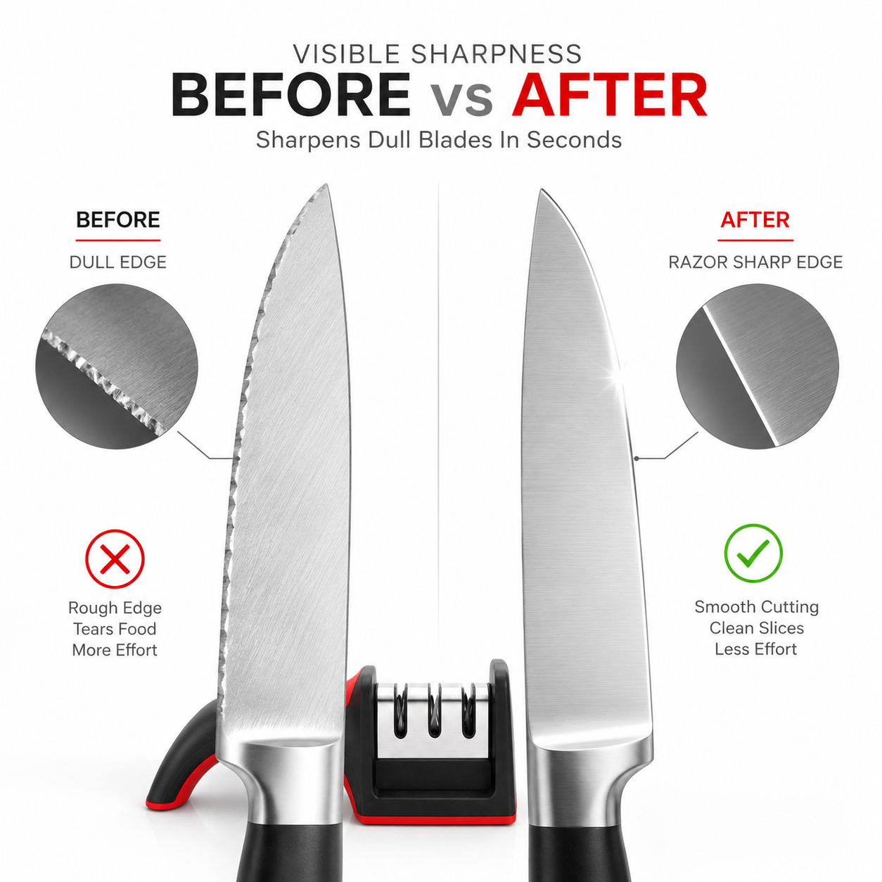 Before and after comparison showing a dull kitchen knife restored to a razor-sharp edge using a 3-stage manual knife sharpener. Highlights smoother cutting, cleaner slices, and improved blade performance with less effort.