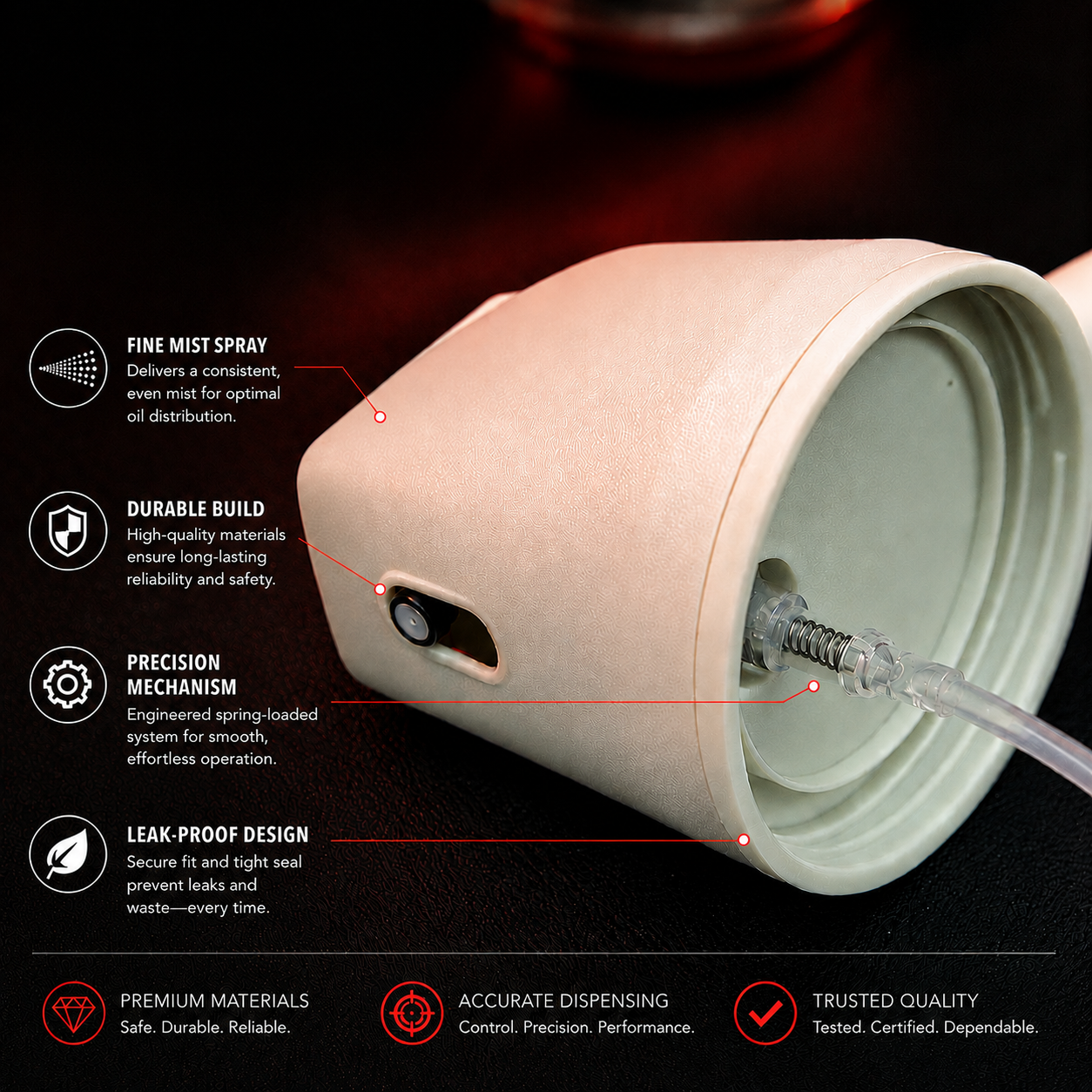 Kitchen Oil Sprayer & Dispenser nozzle assembly with visible internal spray mechanism, leak-resistant design, precision dispensing system, and durable food-grade construction.