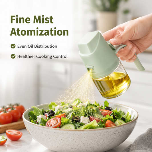 Kitchen Oil Sprayer & Dispenser spraying fine olive oil mist over fresh salad, demonstrating even oil distribution, healthier cooking, and precise seasoning application.