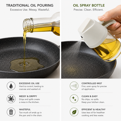 Kitchen Oil Sprayer & Dispenser comparison showing traditional oil pouring versus fine mist oil spray for controlled cooking, reduced oil usage, mess-free application, and healthier meal preparation.