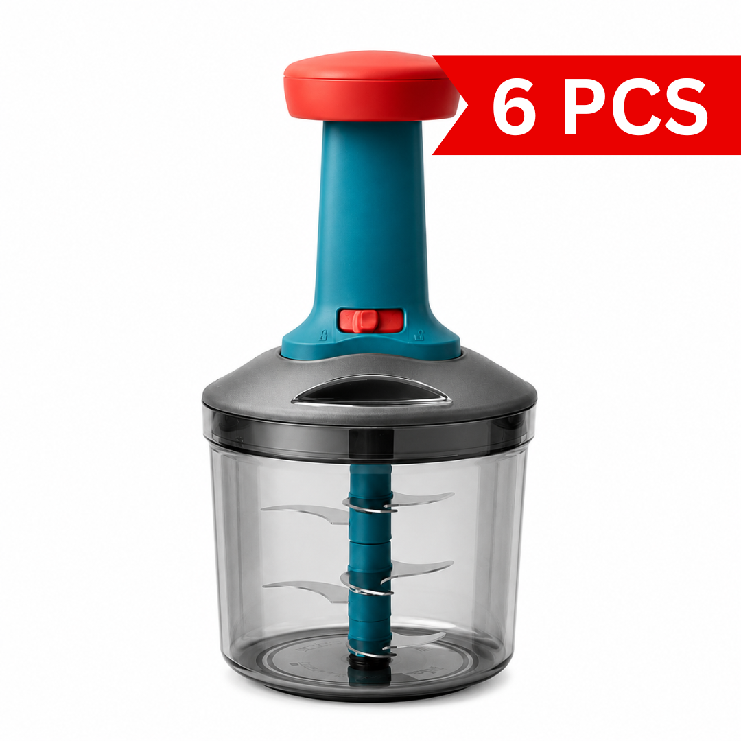 Manual Food Chopper with stainless steel triple-blade system, transparent container, and ergonomic push-handle design