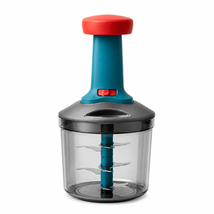 Manual Food Chopper with stainless steel triple-blade system, transparent container, and ergonomic push-handle design on a white background.