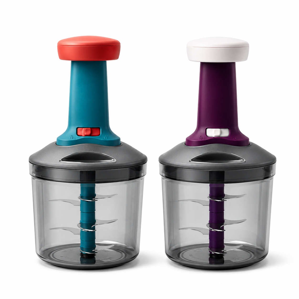 Manual vegetable chopper available in multiple colors with stainless steel blades and large capacity container