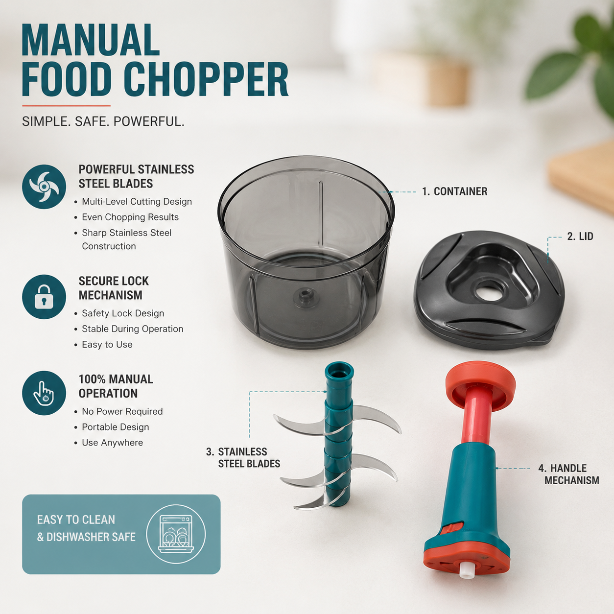 Manual food chopper with stainless steel blades, locking lid, push handle and detachable container for vegetable chopping