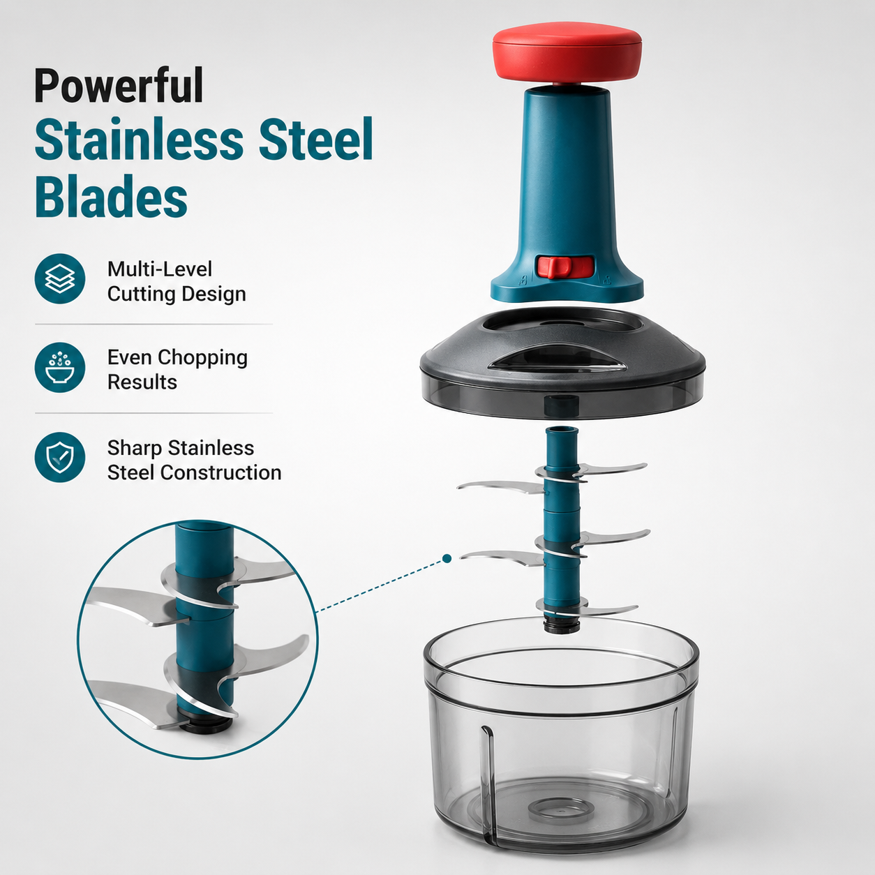 Manual food chopper with multi-level stainless steel blades for fast and even vegetable and fruit chopping