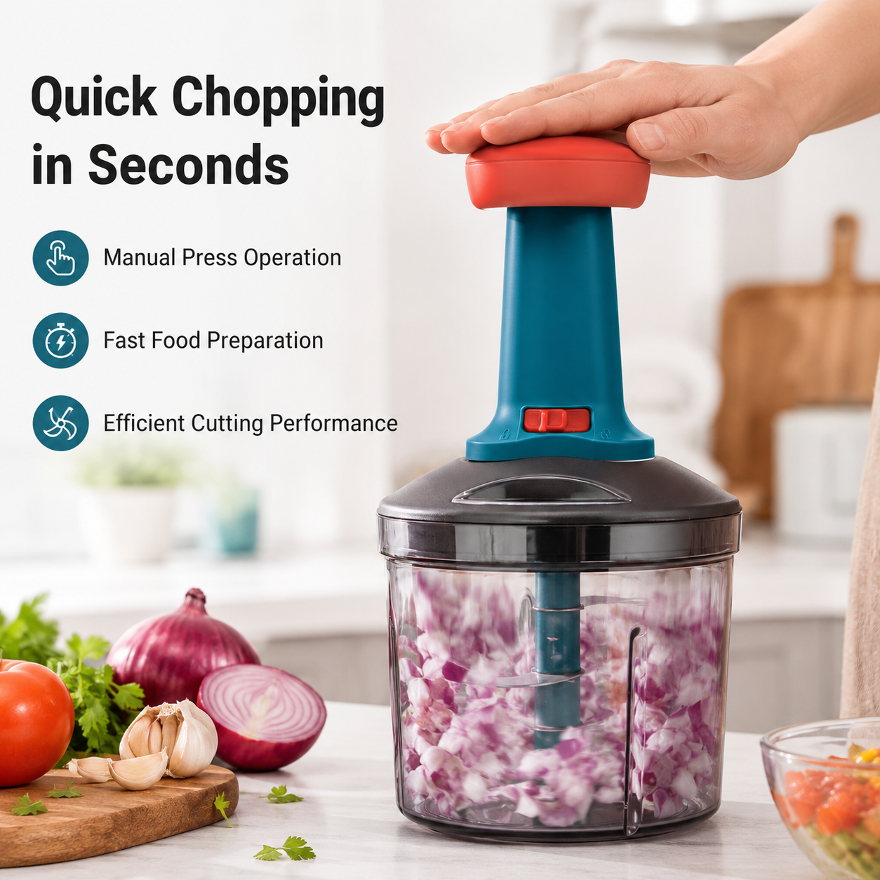 Manual push food chopper chopping onions in seconds with stainless steel blades and easy press operation