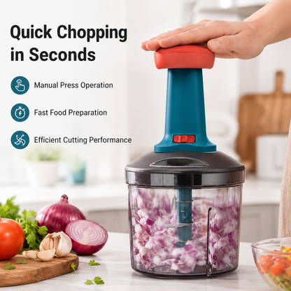 Manual push food chopper chopping onions in seconds with stainless steel blades and easy press operation