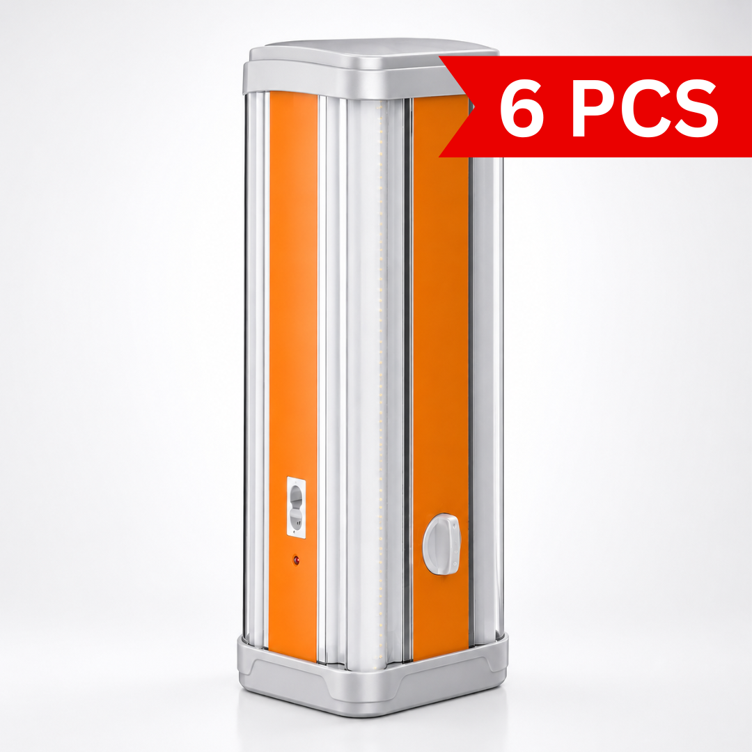 Portable rechargeable LED emergency light with 3500mAh battery, adjustable brightness, USB phone charging, dual charging options, and modern orange-and-white vertical design