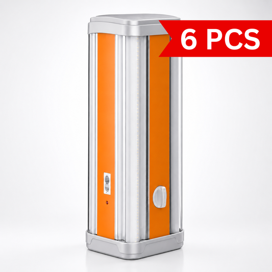 Portable rechargeable LED emergency light with 3500mAh battery, adjustable brightness, USB phone charging, dual charging options, and modern orange-and-white vertical design