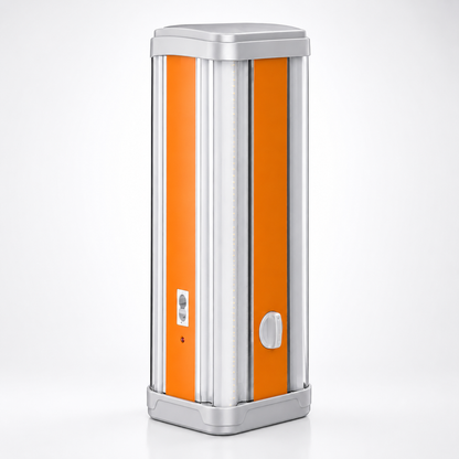 Portable rechargeable LED emergency light with 3500mAh battery, adjustable brightness, USB phone charging, dual charging options, and modern orange-and-white vertical design