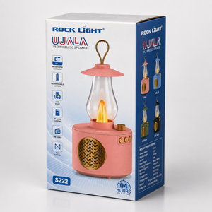 Retail packaging of the vintage lantern Bluetooth speaker showcasing Bluetooth V5.3, rechargeable battery, USB, TF card, FM radio, TWS support, and available colour options.