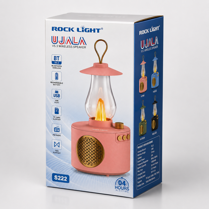Retail packaging of the vintage lantern Bluetooth speaker showcasing Bluetooth V5.3, rechargeable battery, USB, TF card, FM radio, TWS support, and available colour options.