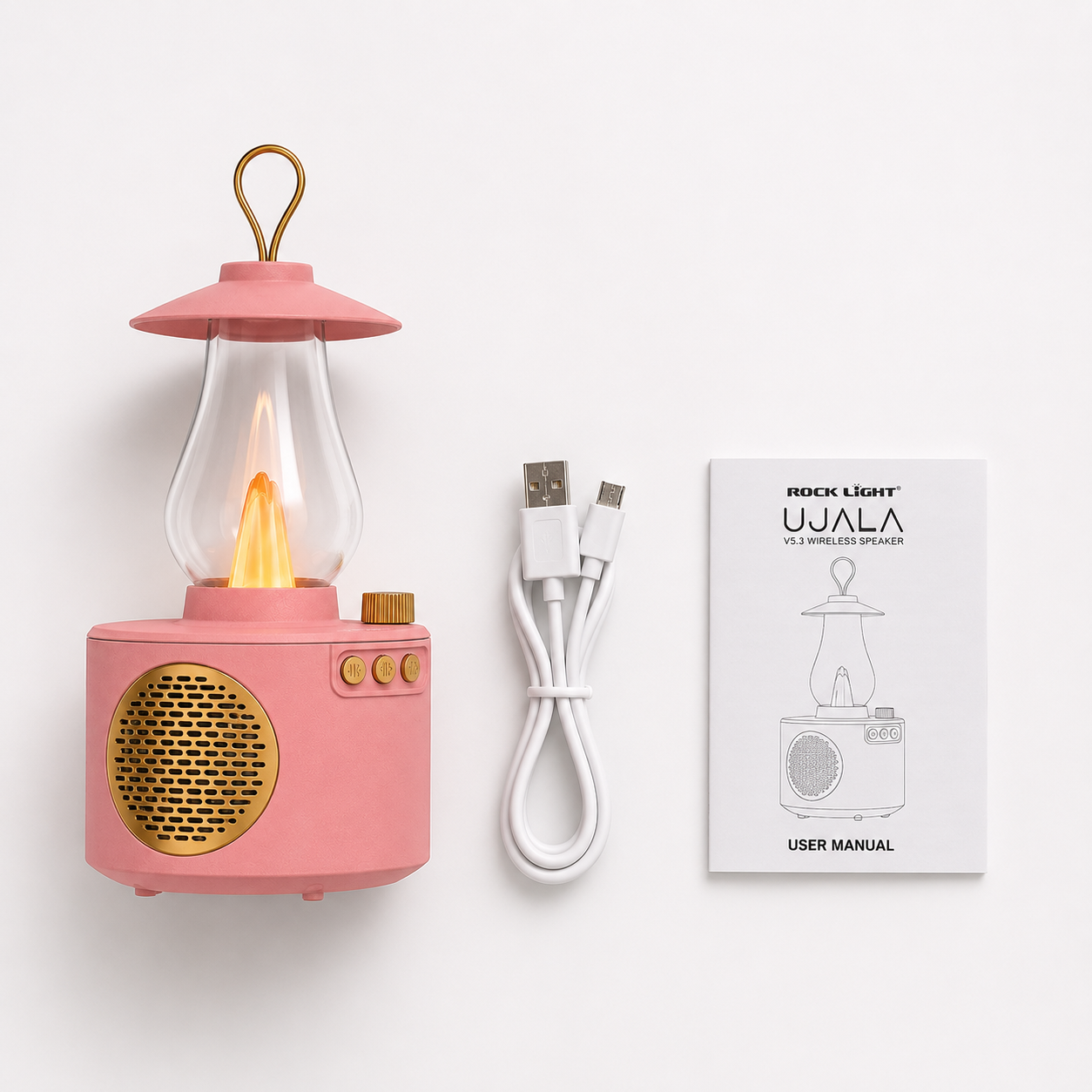 Vintage lantern-style wireless Bluetooth speaker with LED flame lamp, USB charging cable, and user manual neatly arranged on a clean white background for premium product presentation.