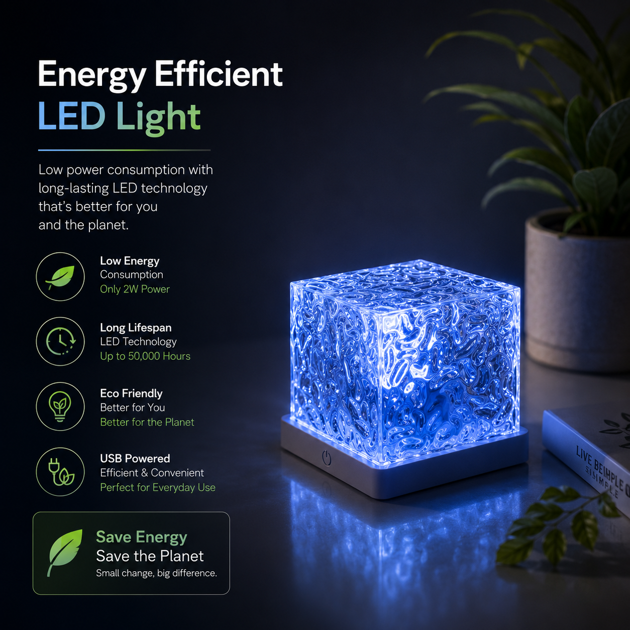 Ocean Aura LED Night Lamp with Remote showing energy efficient RGB crystal light effect for modern bedroom decor