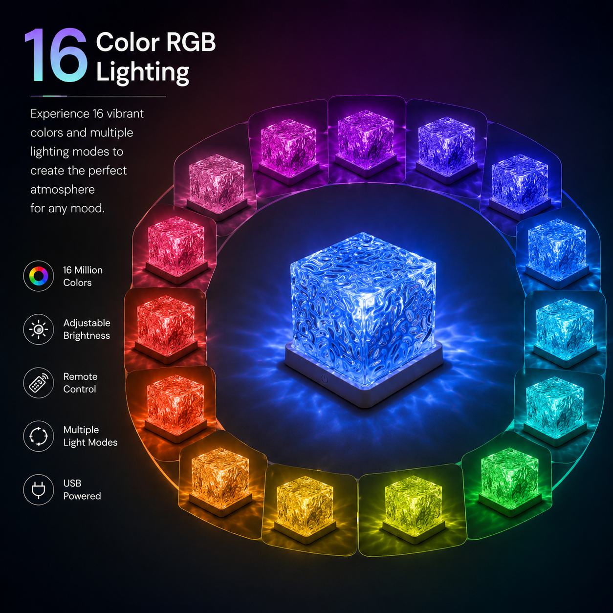 16 color RGB Ocean Aura LED Night Lamp with remote control and crystal water wave lighting effect display