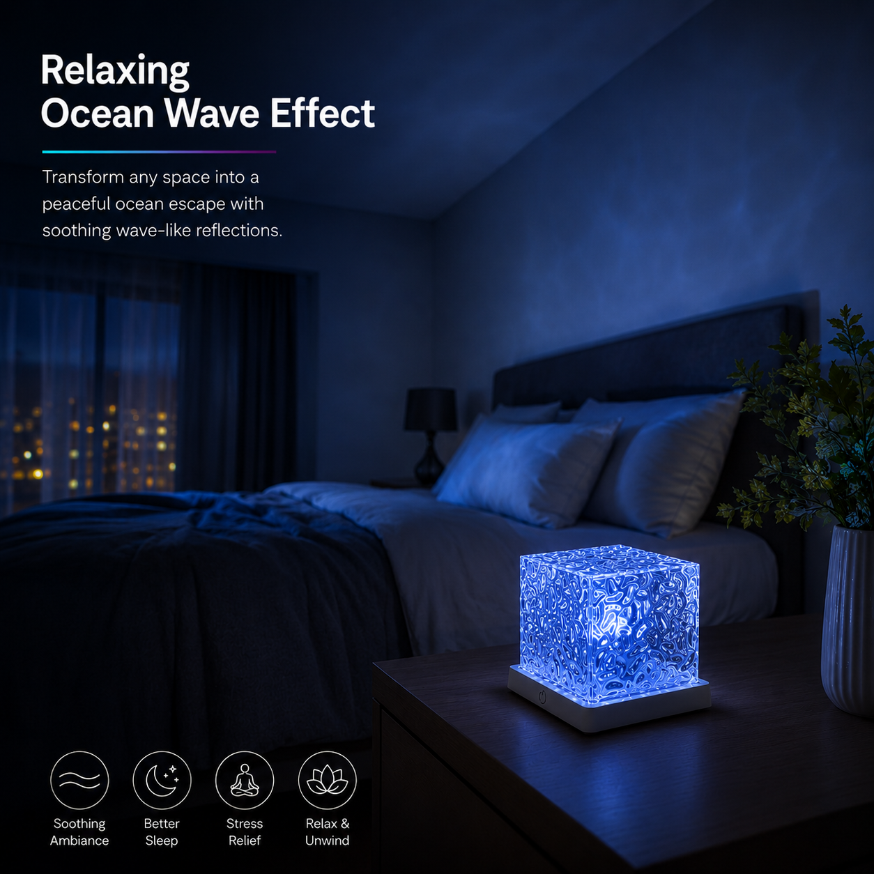 Ocean Aura LED Night Lamp creating relaxing ocean wave projection effect in bedroom night ambience setup