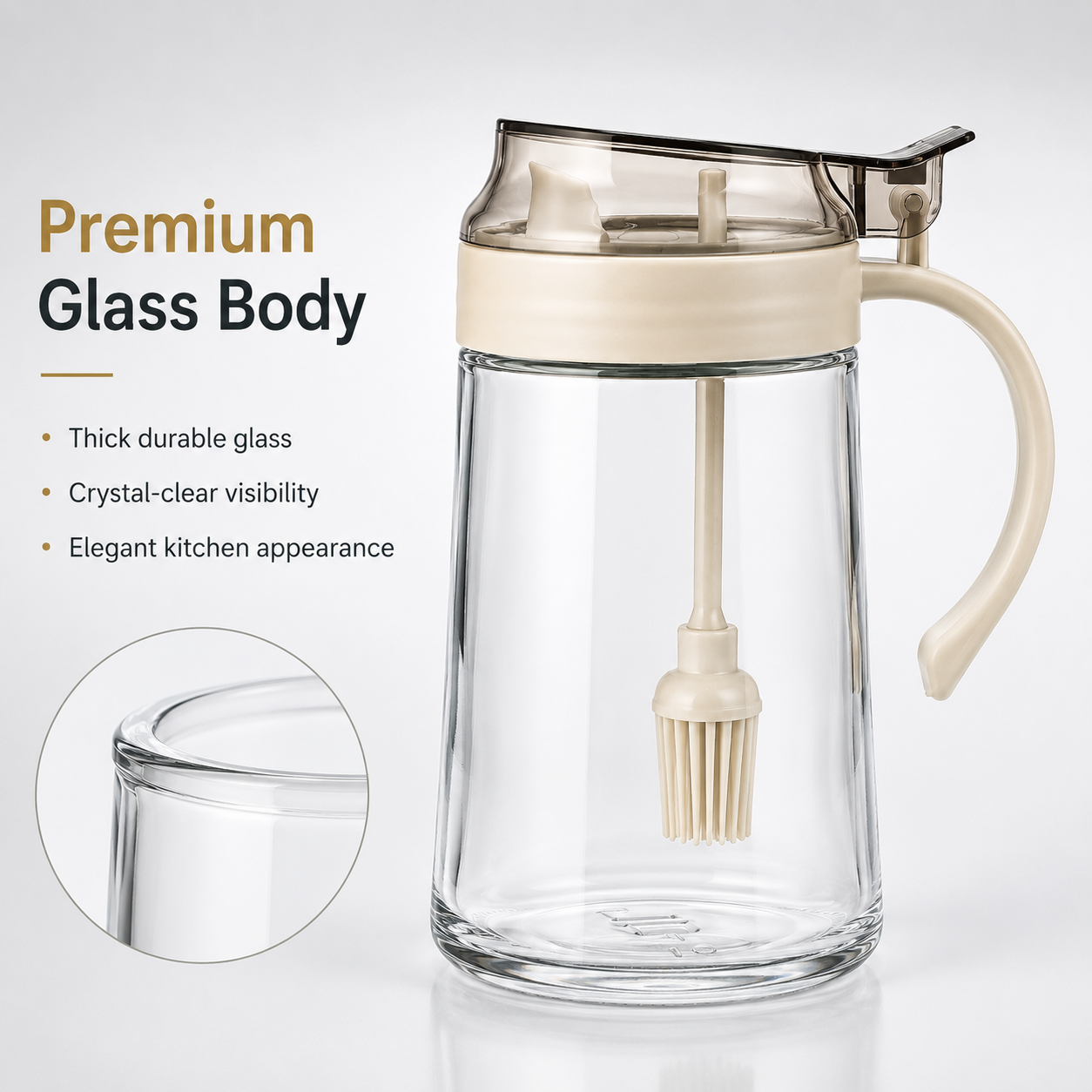 Lexi Glass Oil Dispenser with Brush featuring premium thick glass body, transparent oil container, leak-proof lid and built-in silicone basting brush for kitchen cooking.