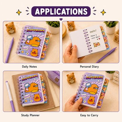 Little Moments Mini Journal compact spiral notebook for daily notes, personal diary writing, study planning, and portable note-taking with cute cartoon tab dividers.
