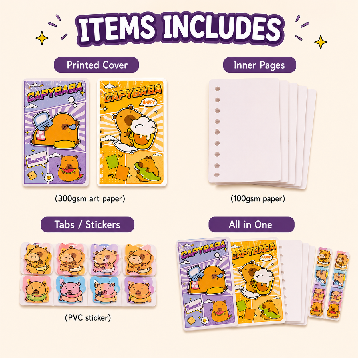 Little Moments Mini Journal complete stationery set featuring premium printed covers, lined refill pages, decorative cartoon tabs, PVC stickers, and reusable mini notebook inserts.