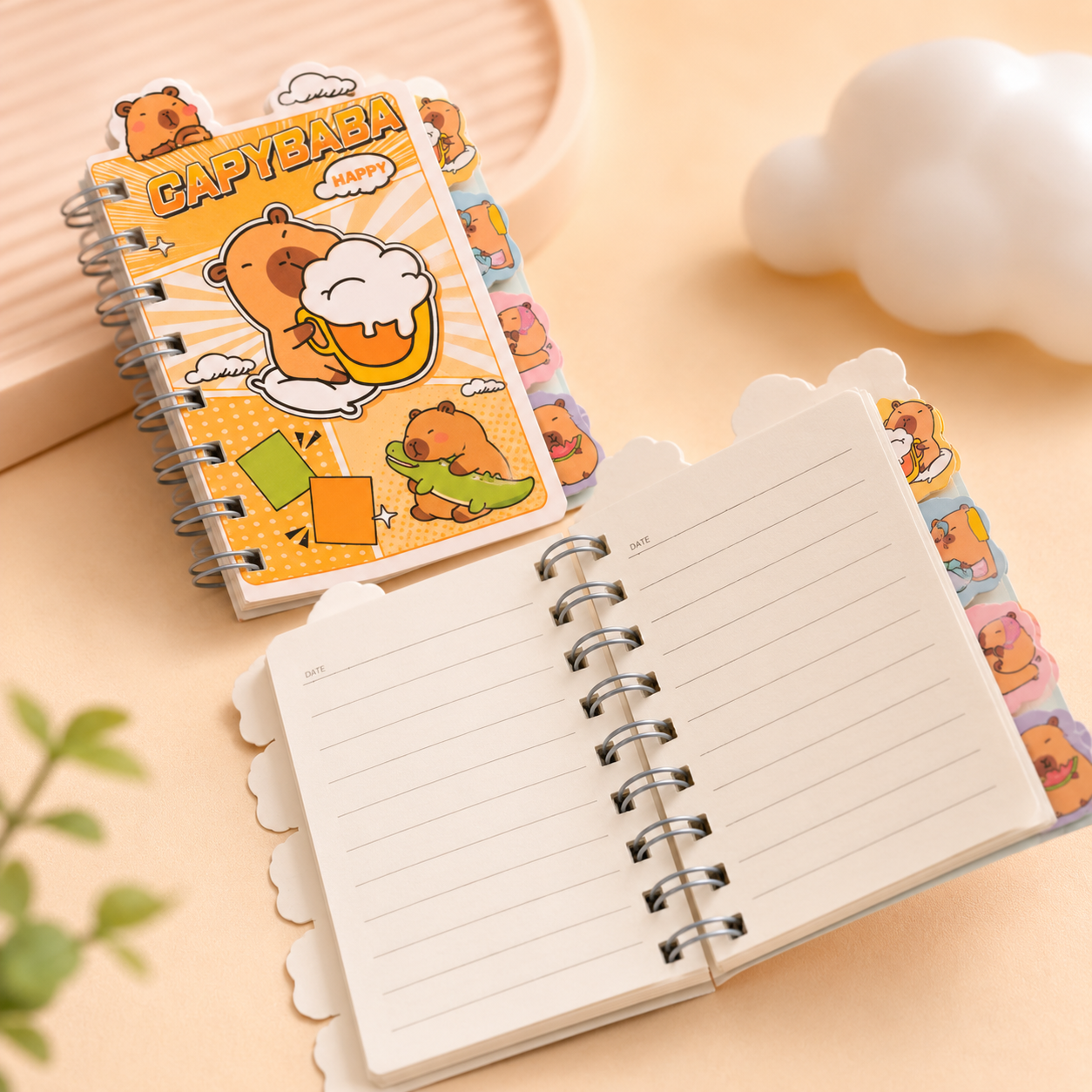 Little Moments Mini Journal open spiral-bound notebook with lined writing pages, cute character tab dividers, premium paper, and compact pocket-sized design for journaling and planning.