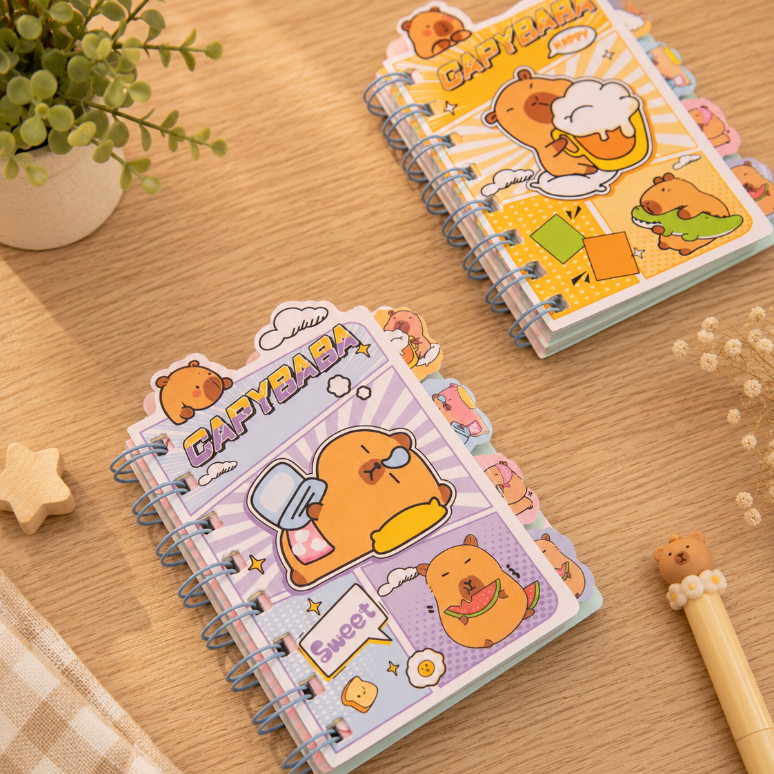 Little Moments Mini Journal kawaii capybara notebook set with spiral binding, colorful divider tabs, and portable pocket-sized design for daily notes and journaling.