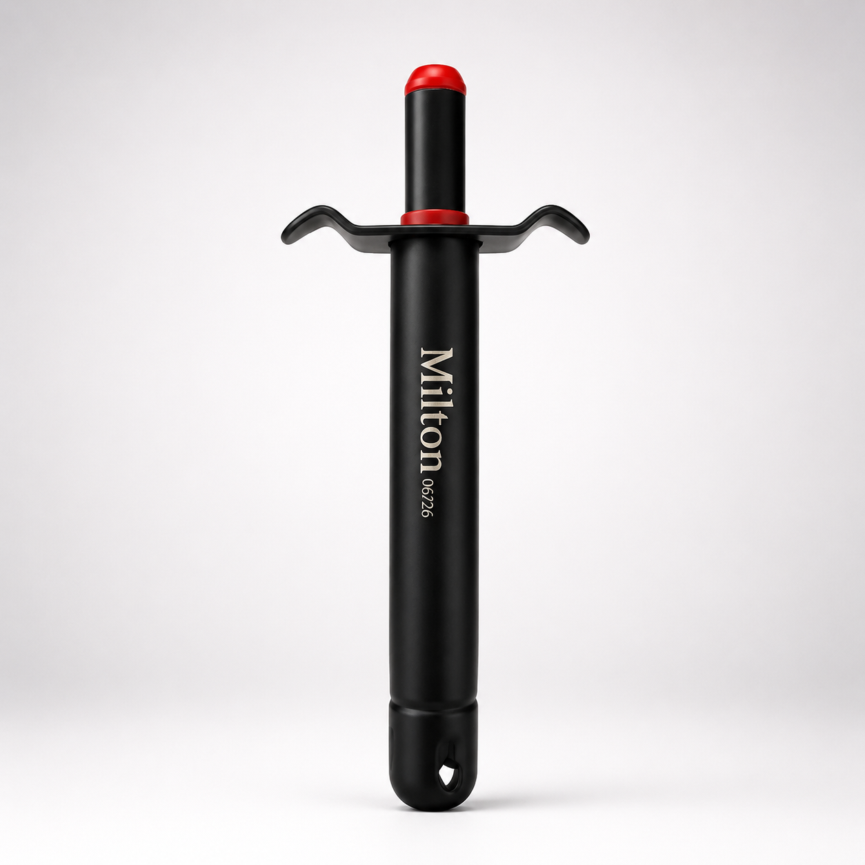 Manual kitchen gas lighter with long black handle, red push button, ergonomic finger support wings and hanging loop for convenient stove ignition