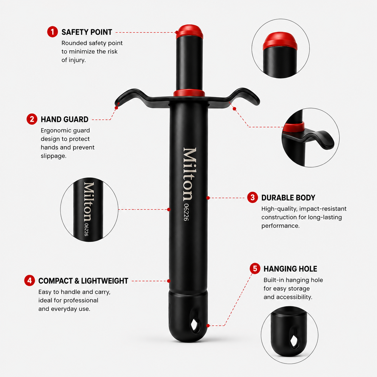 Kitchen gas lighter feature diagram showing safety tip, ergonomic hand guard, durable body, lightweight design and built-in hanging hole for convenient stove ignition and storage