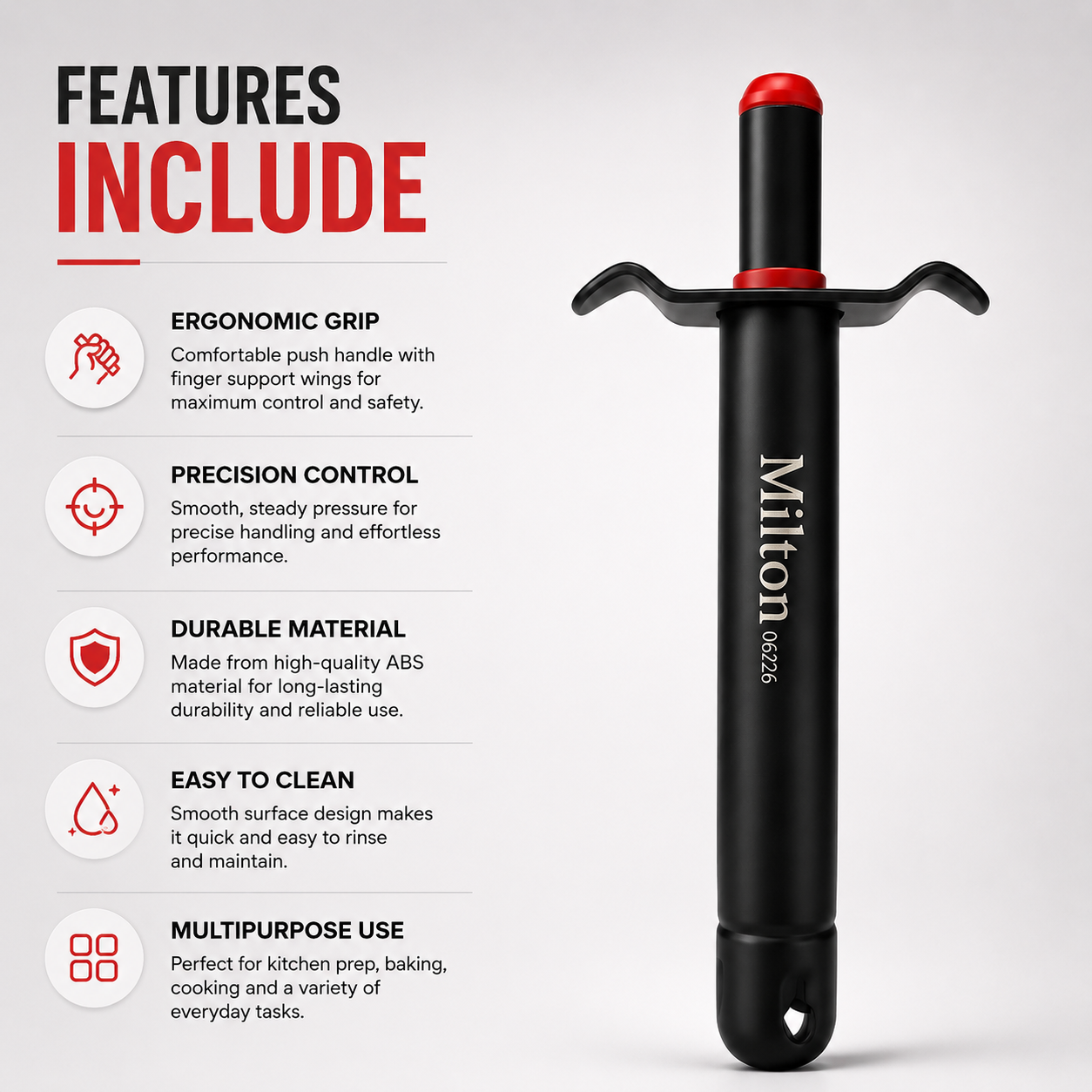 Manual kitchen gas lighter with long black handle, red push button, ergonomic finger support wings and hanging loop for convenient stove ignition