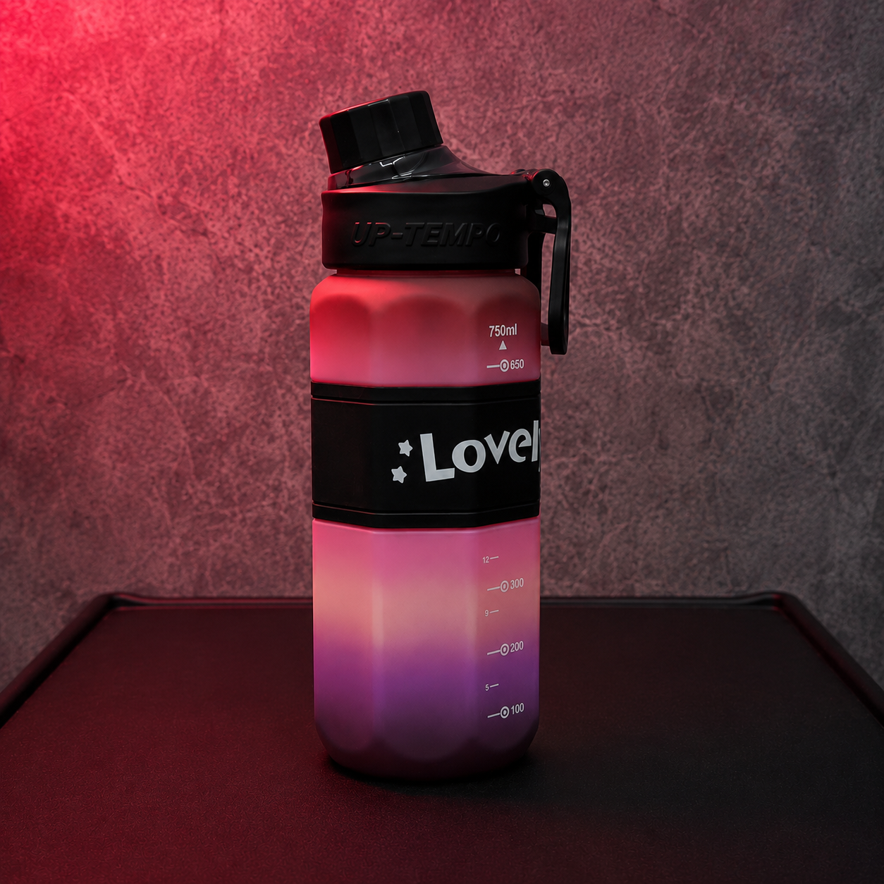 Lovely Grip 750ml Water Bottle with measurement markings, ergonomic carry handle, and pink gradient design for gym, travel, and daily hydration.