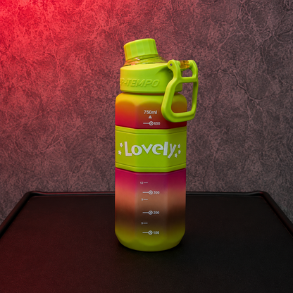 Lovely Grip 750ml Water Bottle in green and pink gradient finish featuring carry handle, hydration scale, and reusable sports bottle design.