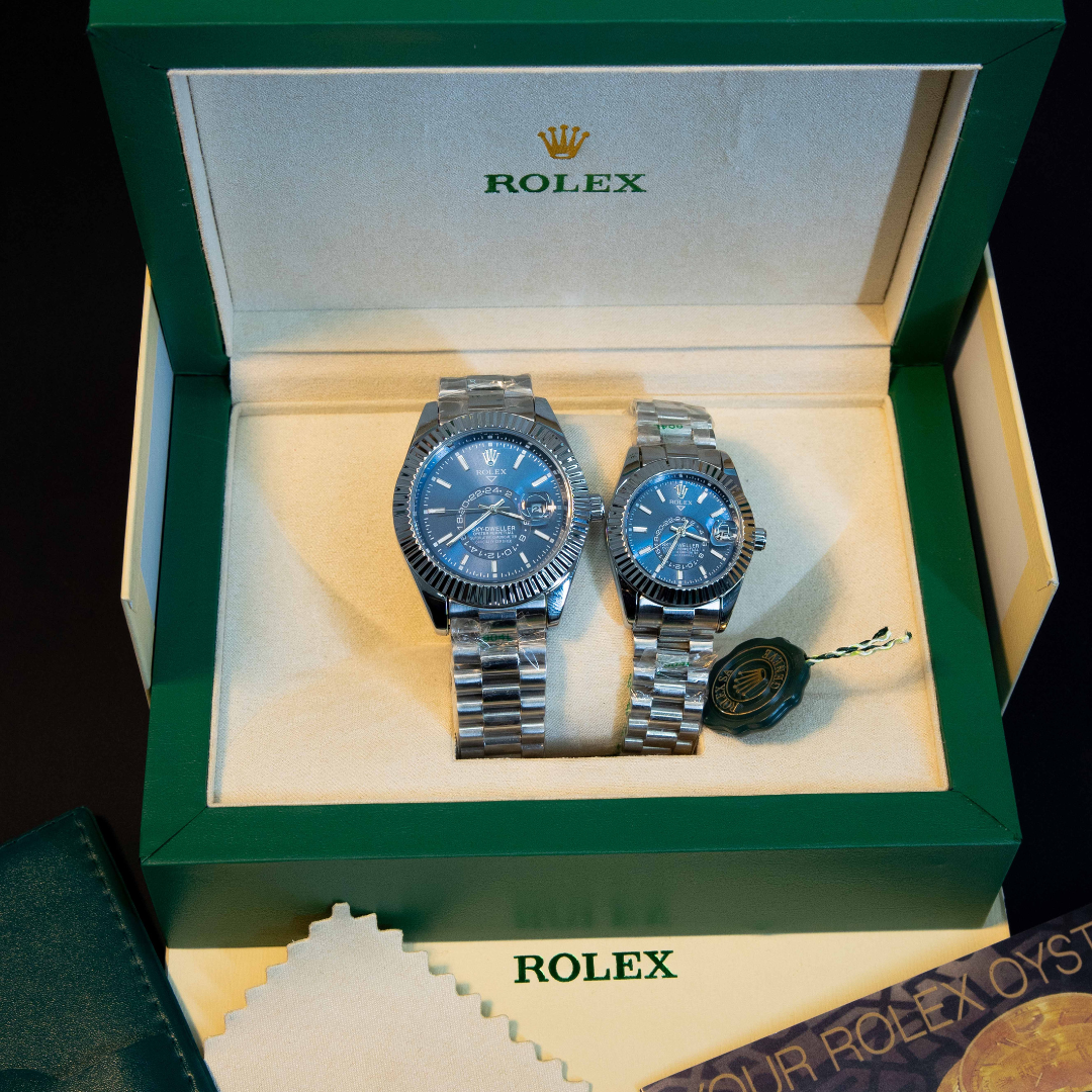 Luxury blue dial couple watch set with stainless steel bracelets