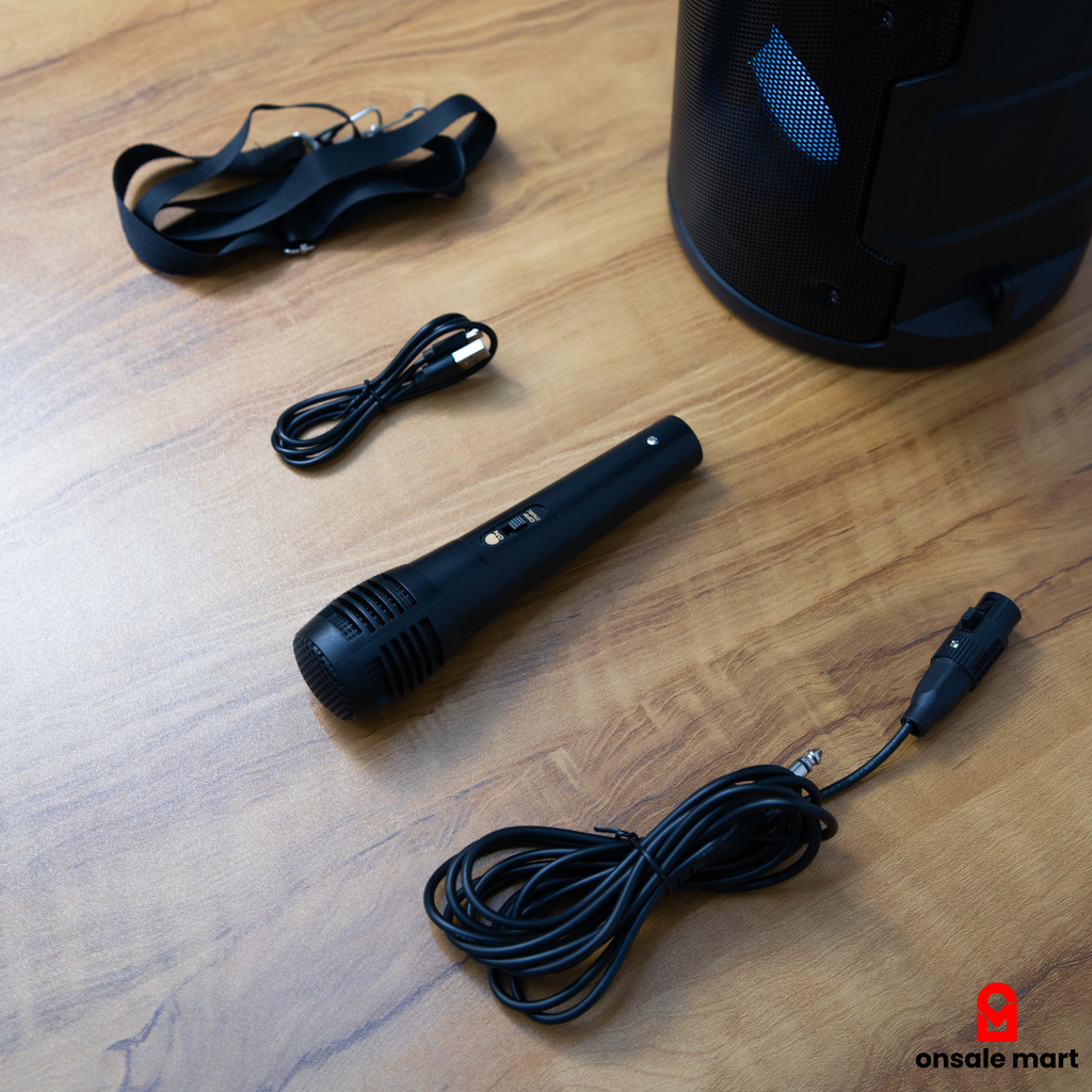 MZ portable Bluetooth speaker set with wired mic, strap, and charging cable.