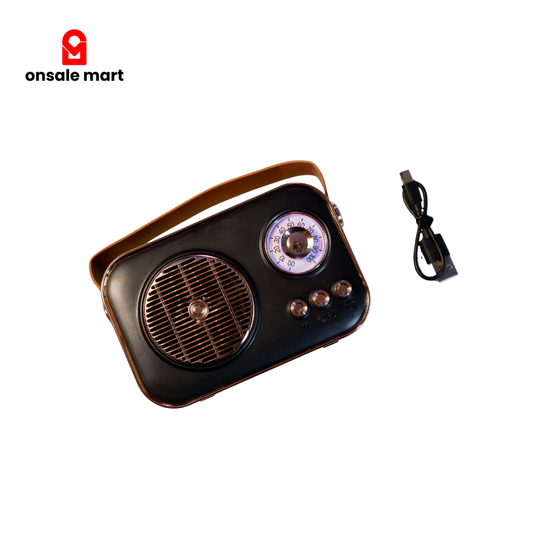 High power portable wireless speaker with rotary dial design and charging cable.