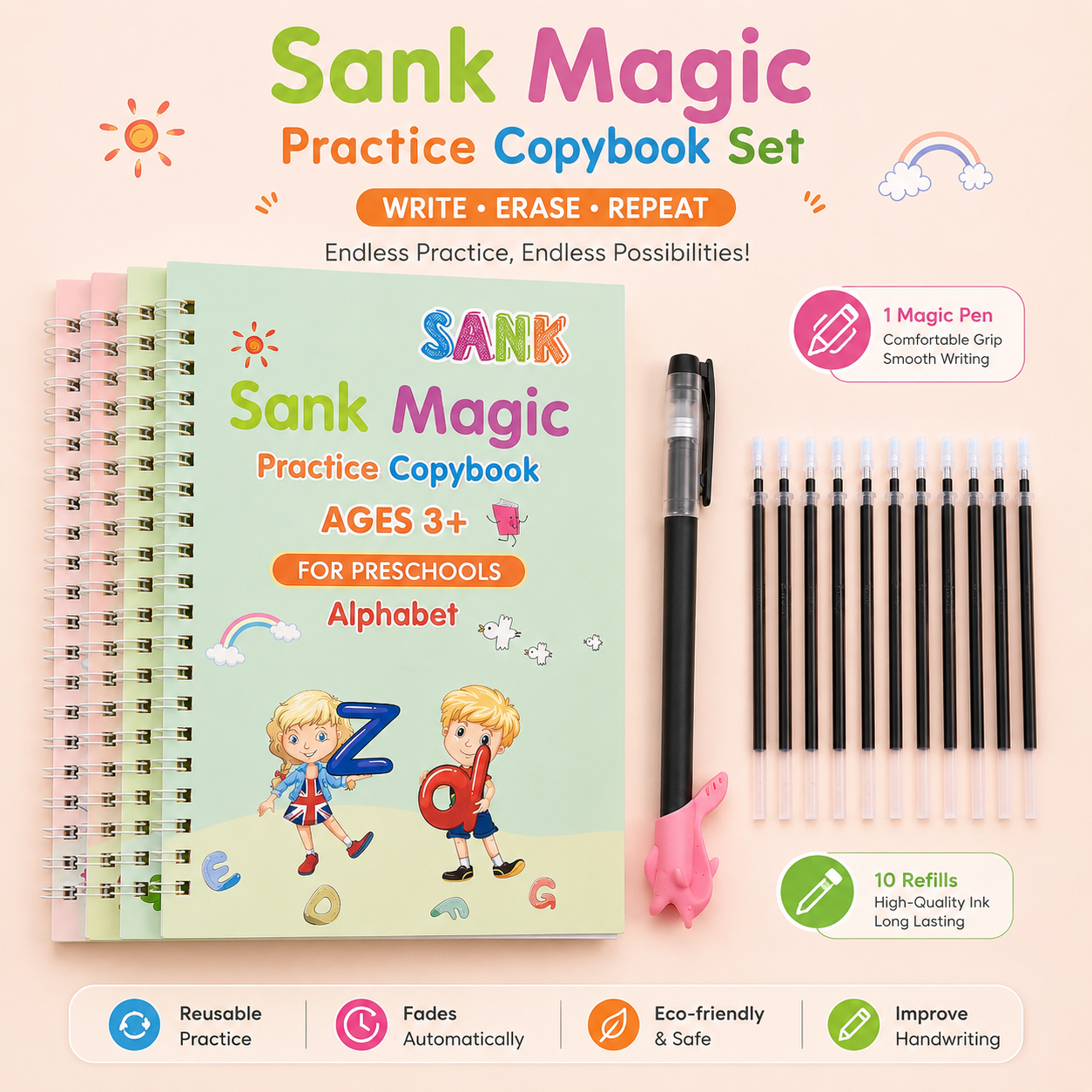 Magic Practice Copybook Set for Kids with Pen & Refills including alphabet, number, drawing and math reusable practice books