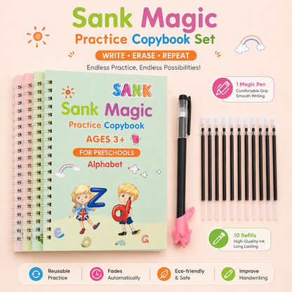 Magic Practice Copybook Set for Kids with Pen & Refills including alphabet, number, drawing and math reusable practice books