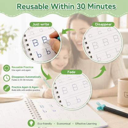 Magic handwriting practice copybook set for kids with reusable tracing books for alphabet, numbers, math and drawing activities