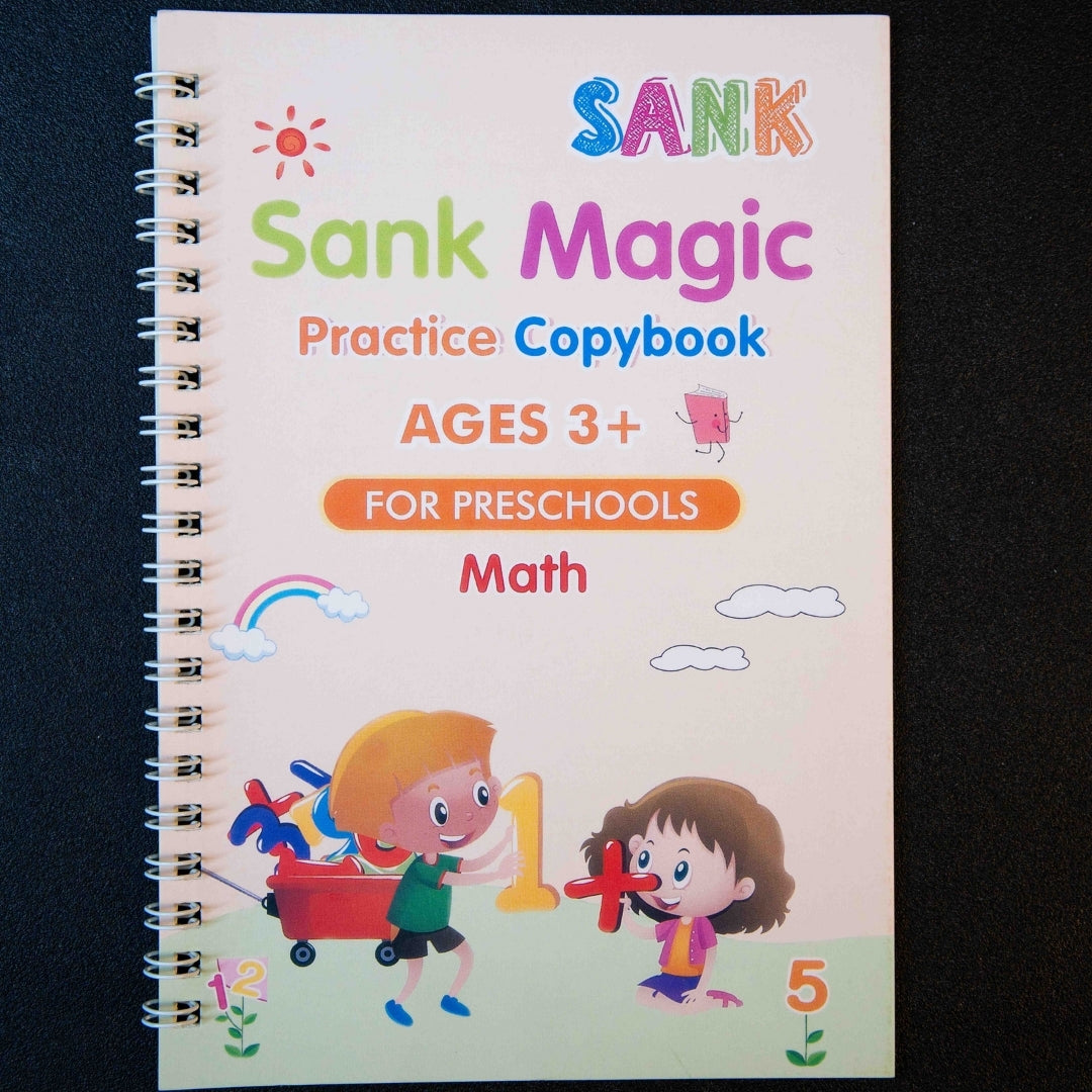 Math practice copybook for kids with reusable tracing pages and magic disappearing ink learning activities for preschool children