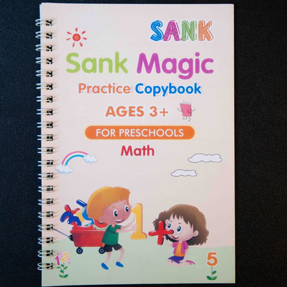 Math practice copybook for kids with reusable tracing pages and magic disappearing ink learning activities for preschool children