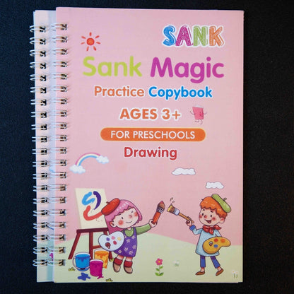 Drawing practice copybook for kids with reusable tracing pages, magic pen and preschool creative learning activities
