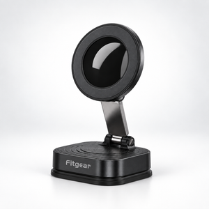Black foldable magnetic phone stand with circular holder and vacuum suction base