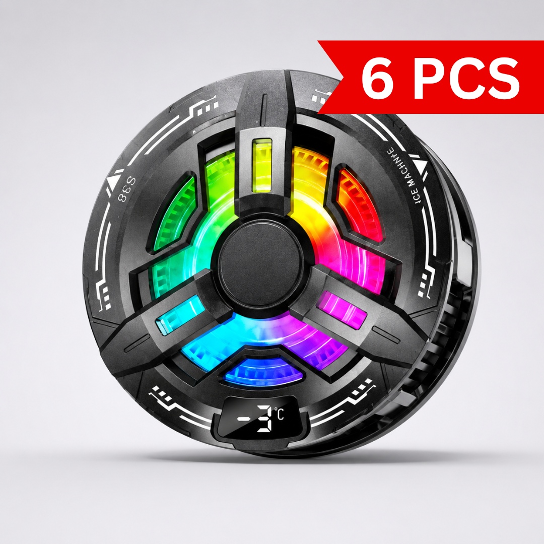 Magnetic RGB phone cooler with digital temperature display, circular cooling fan design, and premium gaming aesthetic.